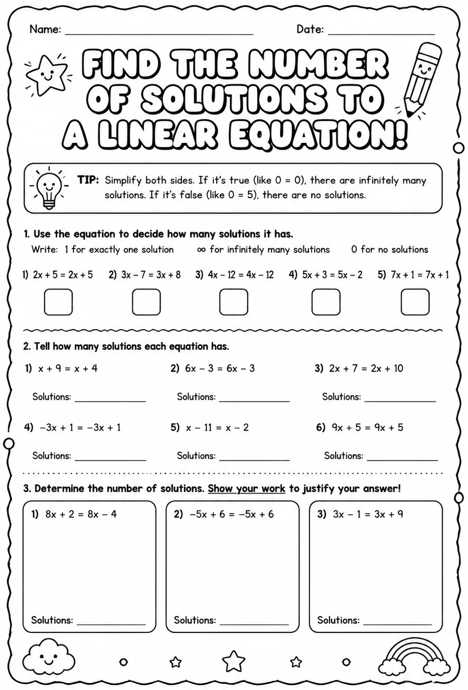 Find the number of solutions to a linear equation — free printable Algebra 1 math worksheet