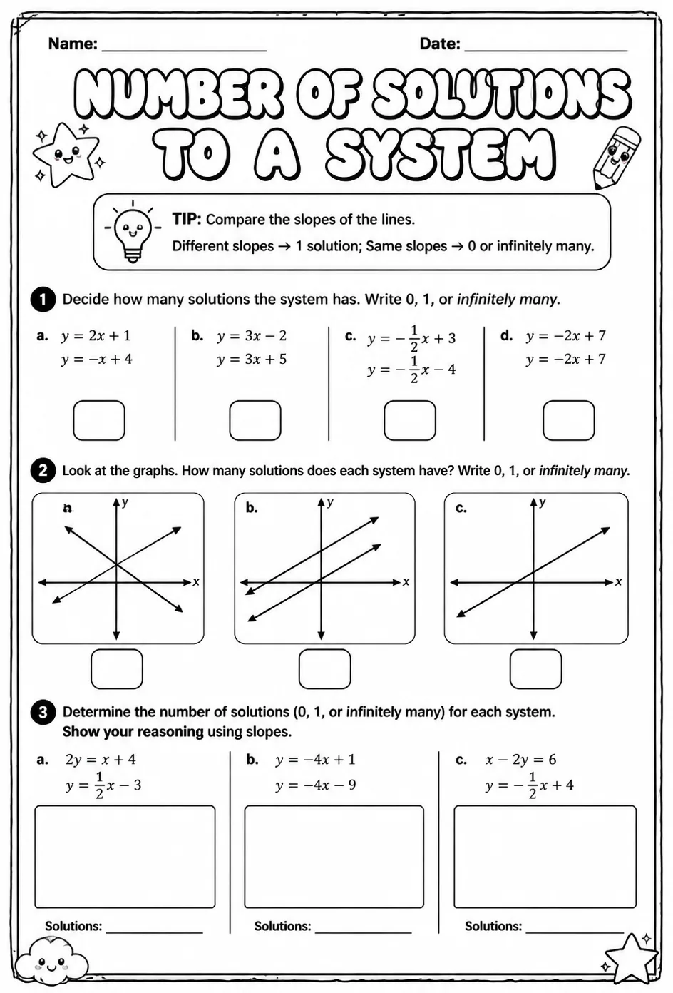 Find the number of solutions to a system of equations — free printable Algebra 1 math worksheet