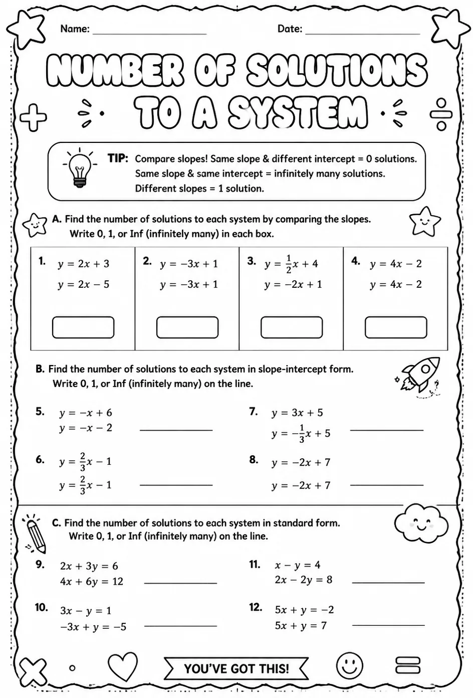 Find the number of solutions to a system of equations — free printable Algebra 2 math worksheet