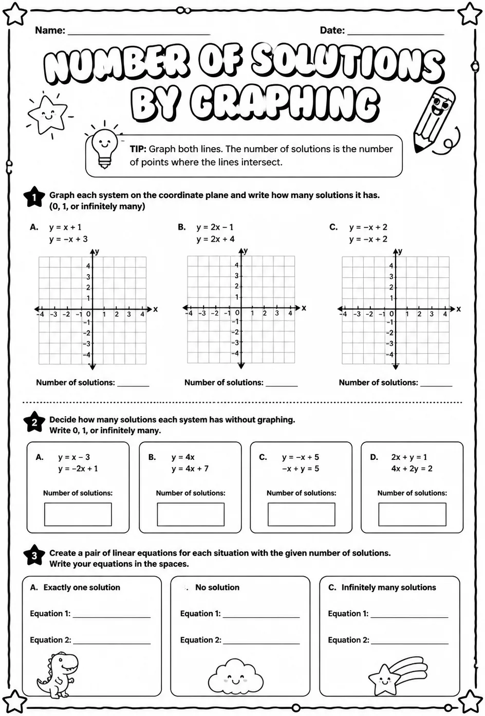 Find the number of solutions to a system of equations by graphing — free printable Algebra 1 math worksheet