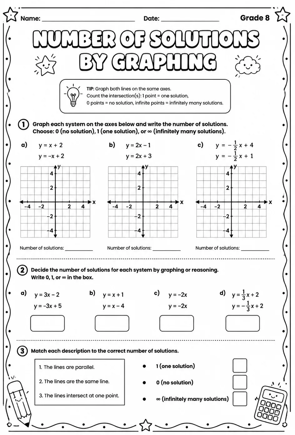 Find the number of solutions to a system of equations by graphing — free printable Grade 8 math worksheet
