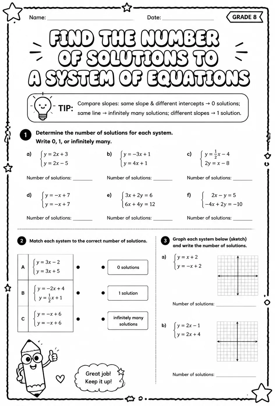 Find the number of solutions to a system of equations — free printable Grade 8 math worksheet