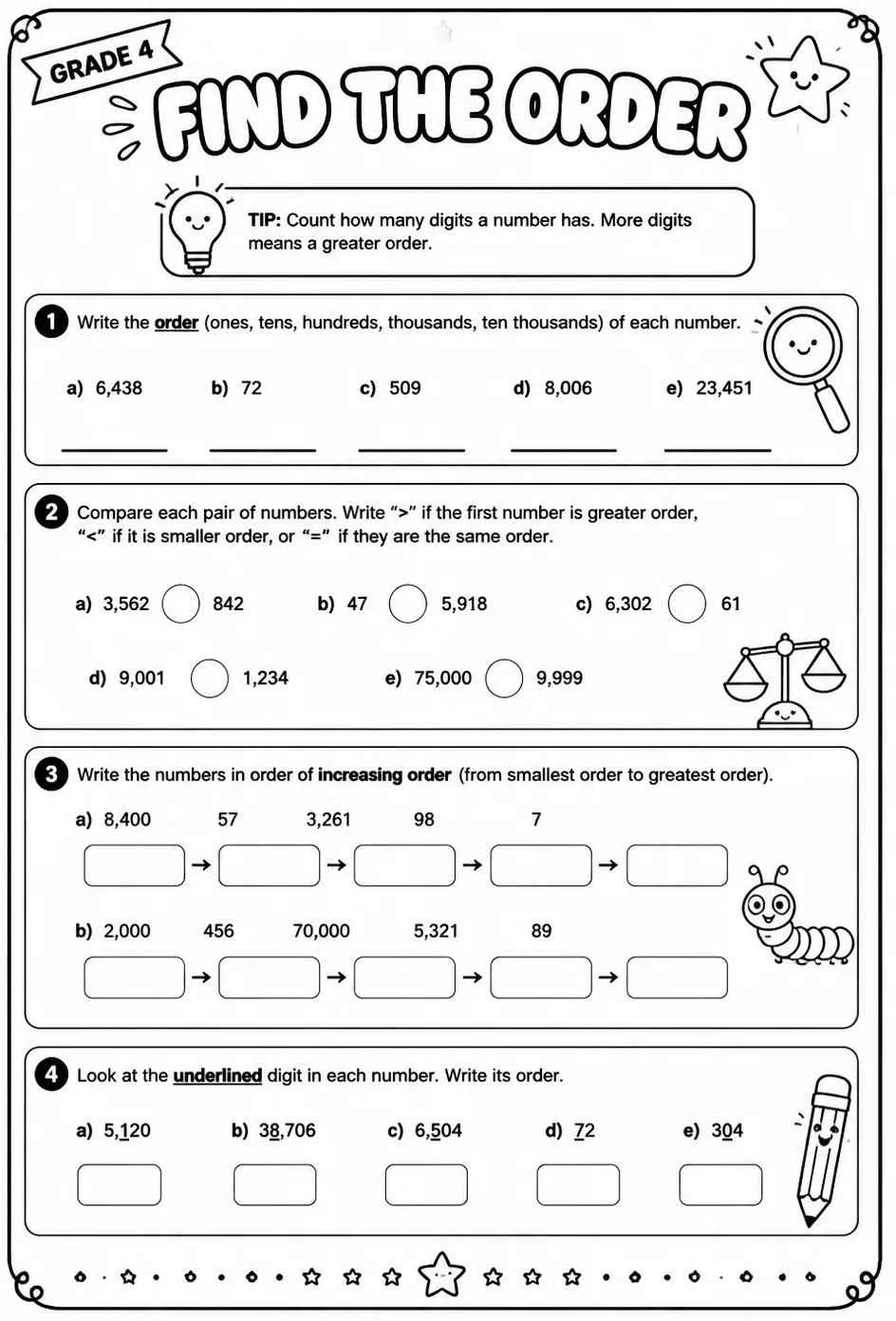 Find the order — free printable Grade 4 math worksheet