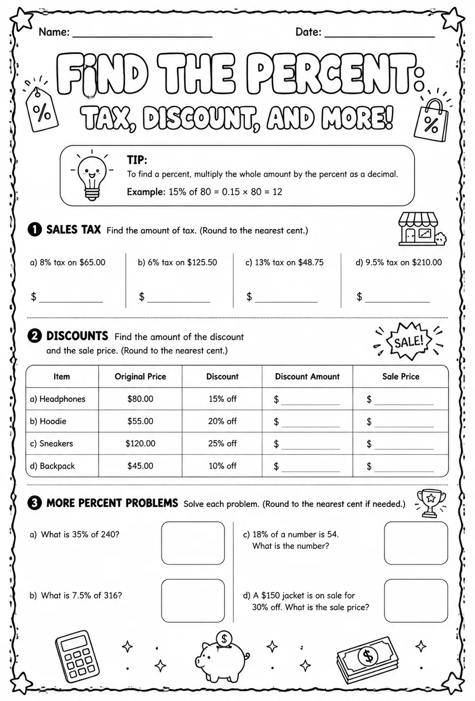 Find the percent: tax, discount, and more — free printable Grade 7 math worksheet