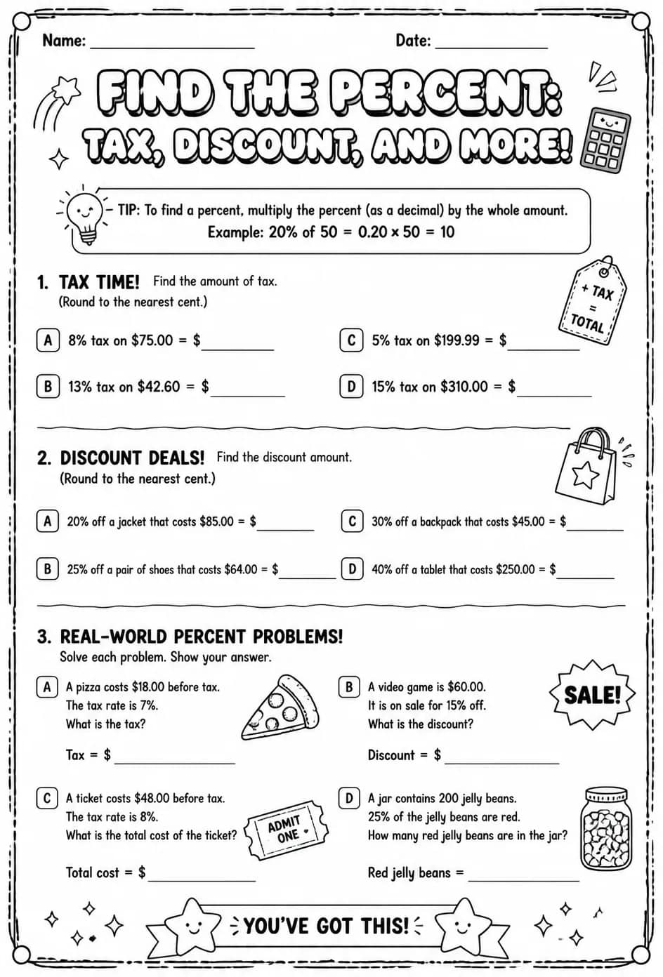 Find the percent: tax, discount, and more — free printable Grade 8 math worksheet
