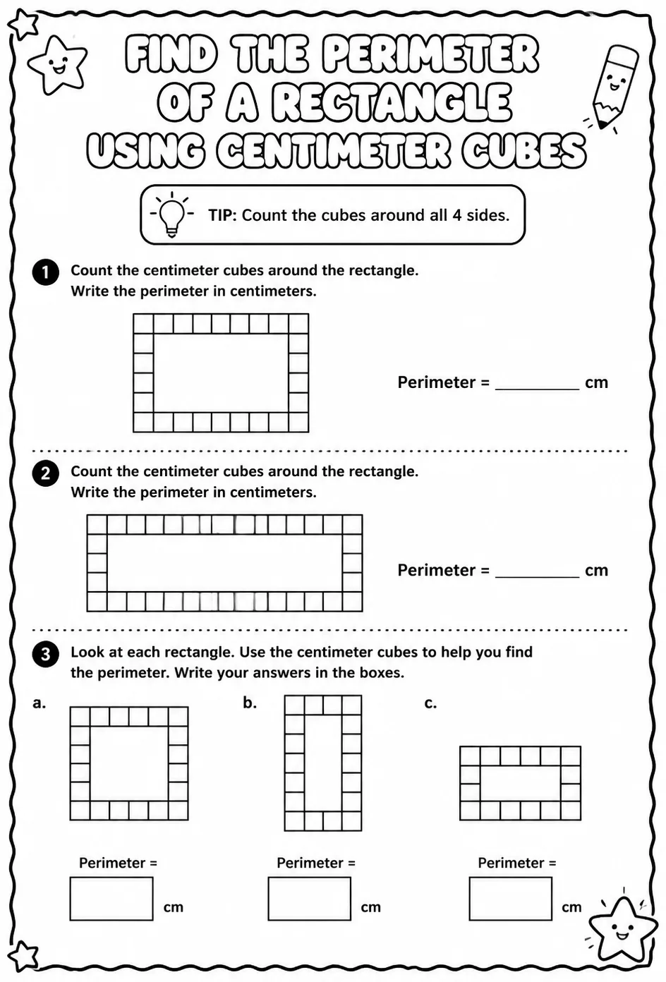 Find the perimeter of a rectangle using centimeter cubes — free printable Grade 2 math worksheet