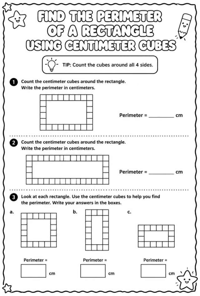 Find the perimeter of a rectangle using centimeter cubes