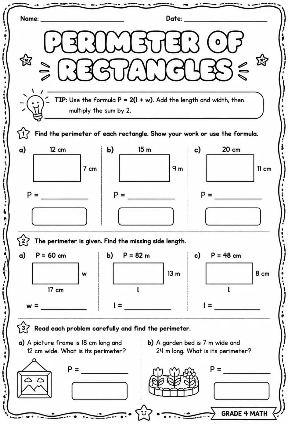 Find the perimeter of rectangles using formulas — free printable Grade 4 math worksheet