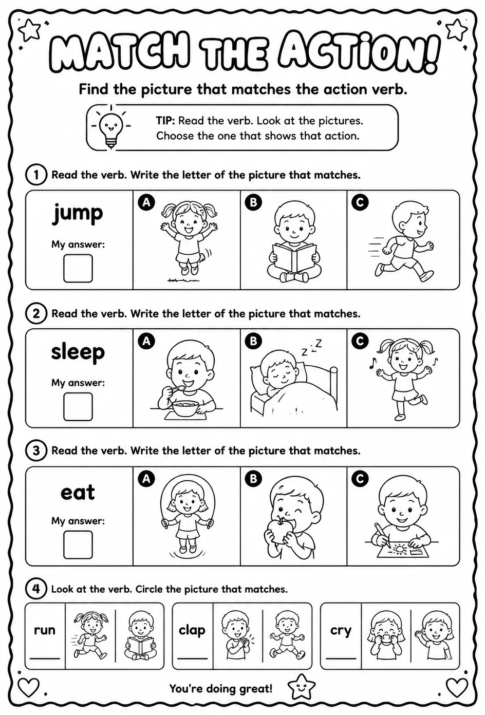 Find the picture that matches the action verb — free printable Kindergarten English & Reading worksheet