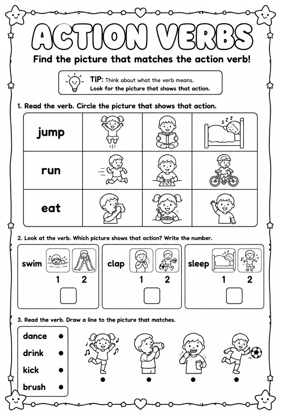 Find the picture that matches the action verb — free printable Pre-K English & Reading worksheet