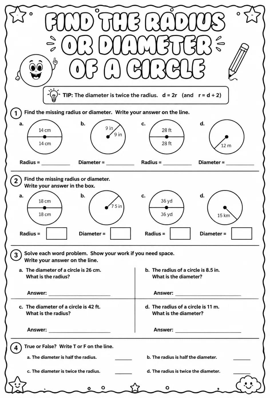 Find the radius or diameter of a circle — free printable Algebra 2 math worksheet