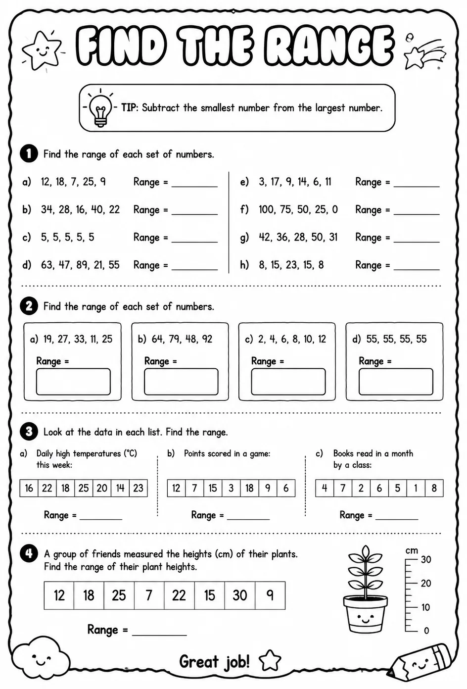 Find the range — free printable Grade 4 math worksheet