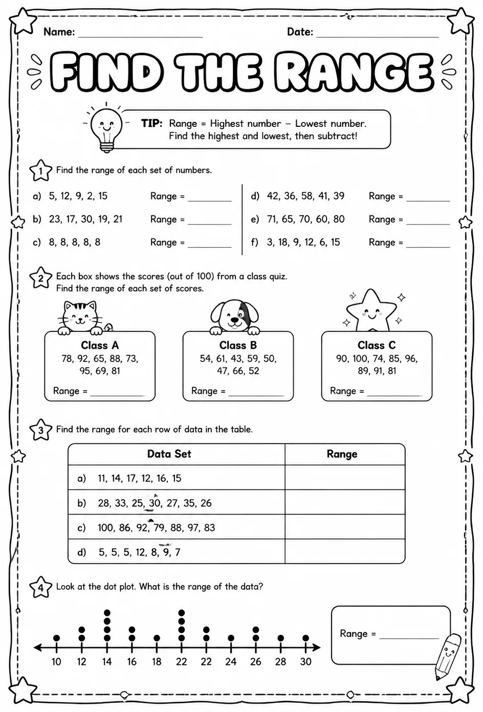 Find the range — free printable Grade 5 math worksheet