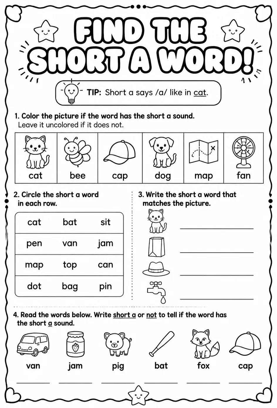 Find the short a word — free printable Reading foundations English worksheet