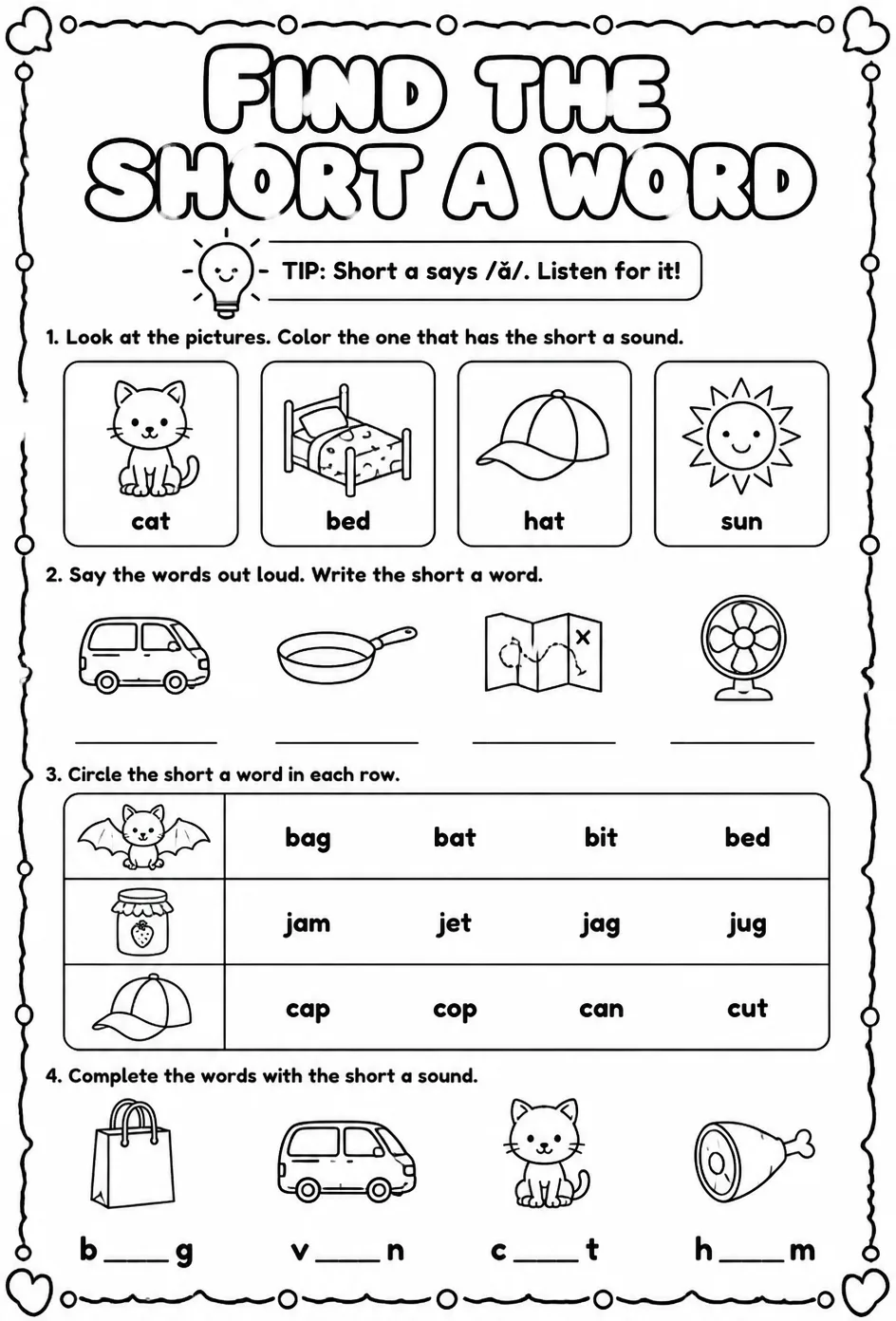 Find the short a word — free printable Pre-K English & Reading worksheet