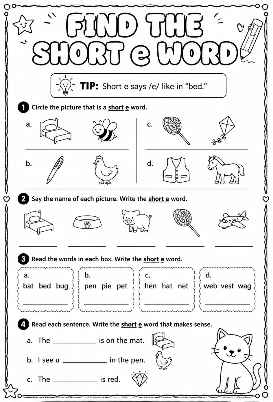 Find the short e word — free printable Reading foundations English worksheet