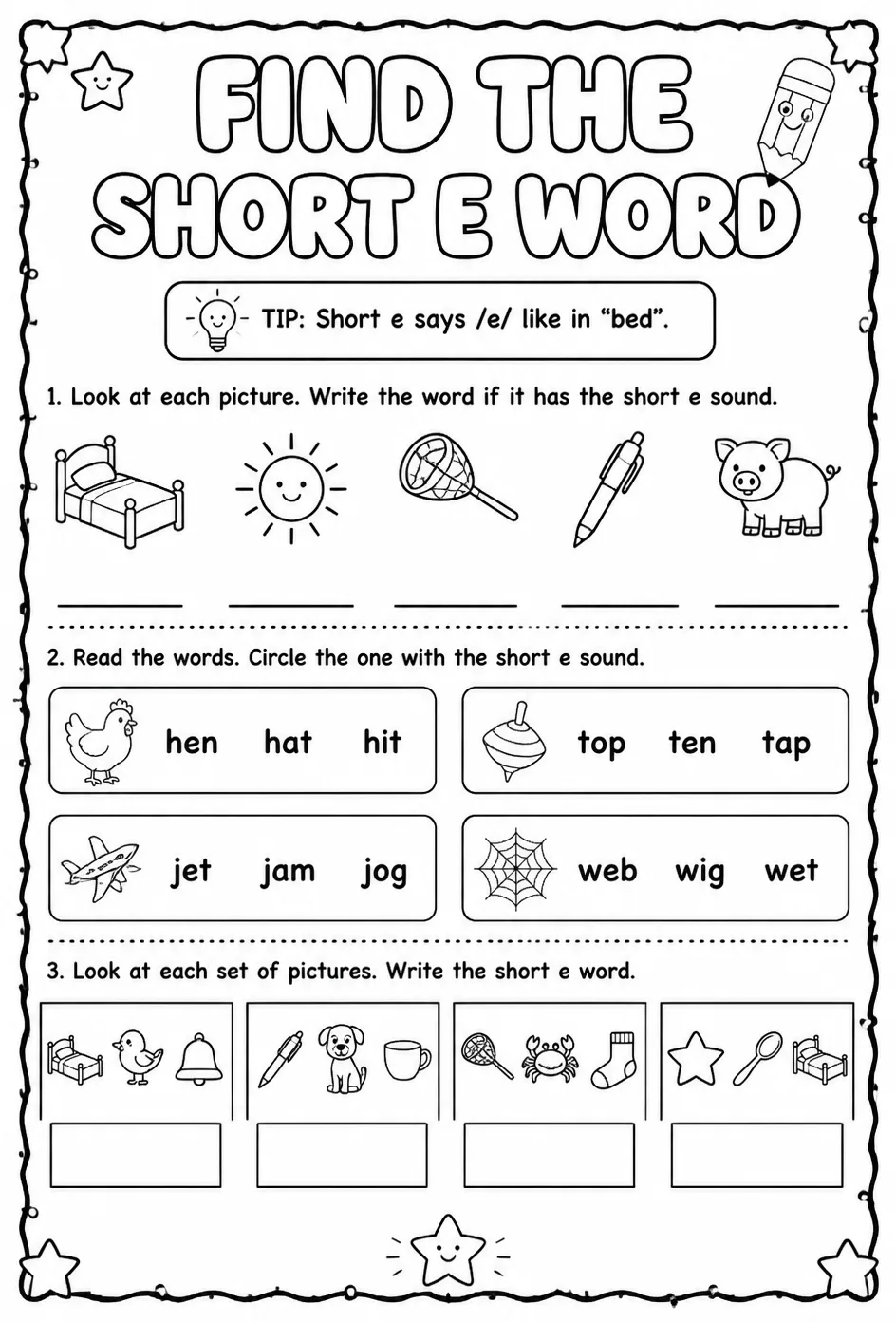 Find the short e word — free printable Pre-K English & Reading worksheet