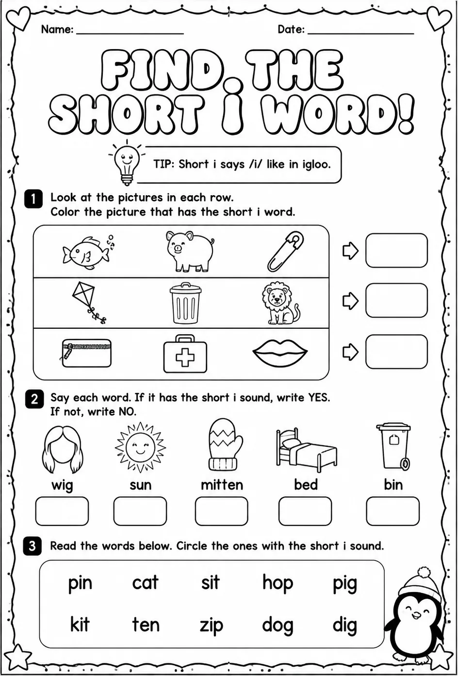 Find the short i word — free printable Reading foundations English worksheet