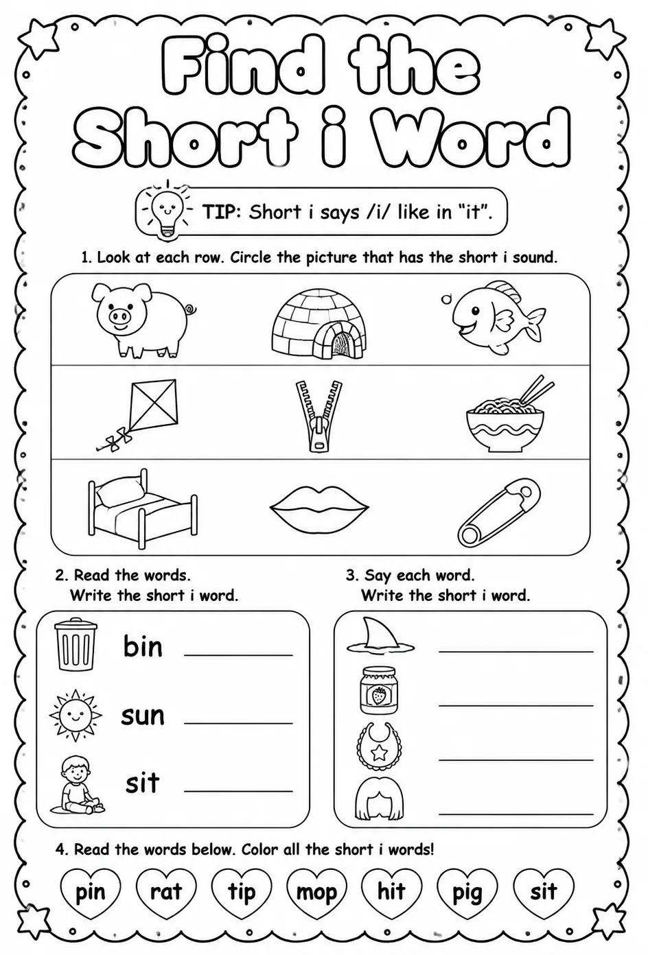 Find the short i word — free printable Pre-K English & Reading worksheet