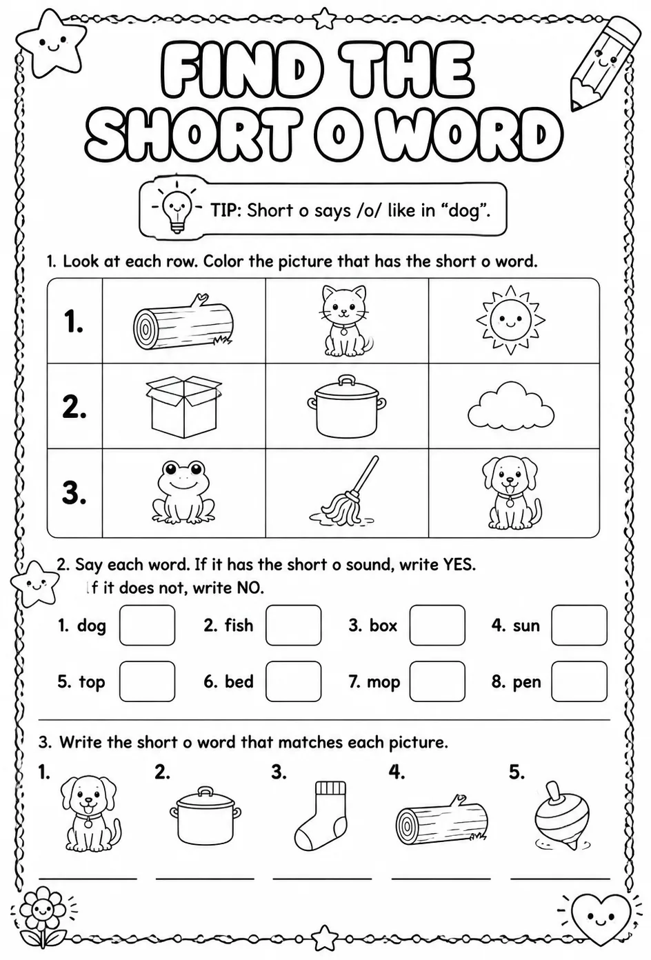 Find the short o word — free printable Reading foundations English worksheet