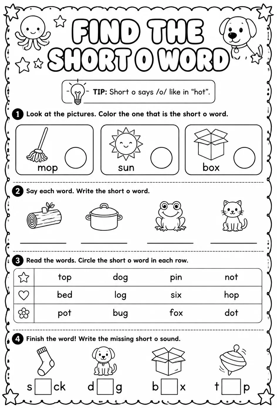 Find the short o word — free printable Pre-K English & Reading worksheet