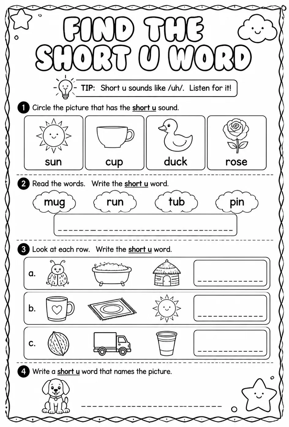 Find the short u word — free printable Reading foundations English worksheet