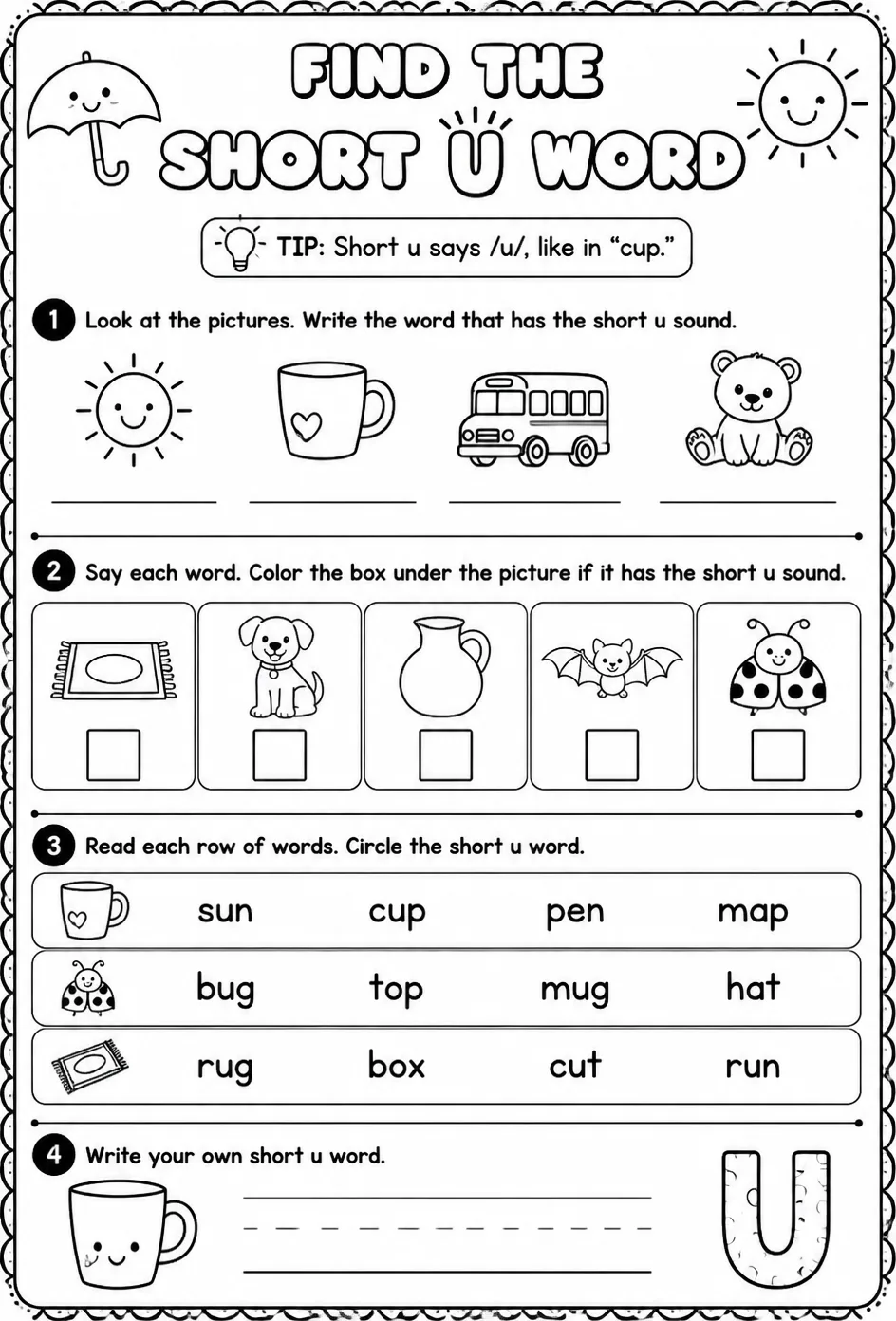 Find the short u word — free printable Pre-K English & Reading worksheet