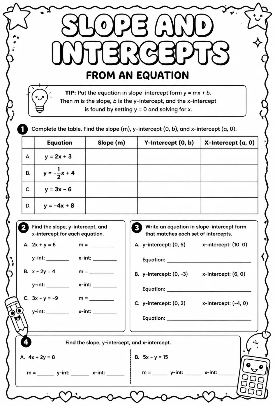 Find the slope and intercepts from an equation