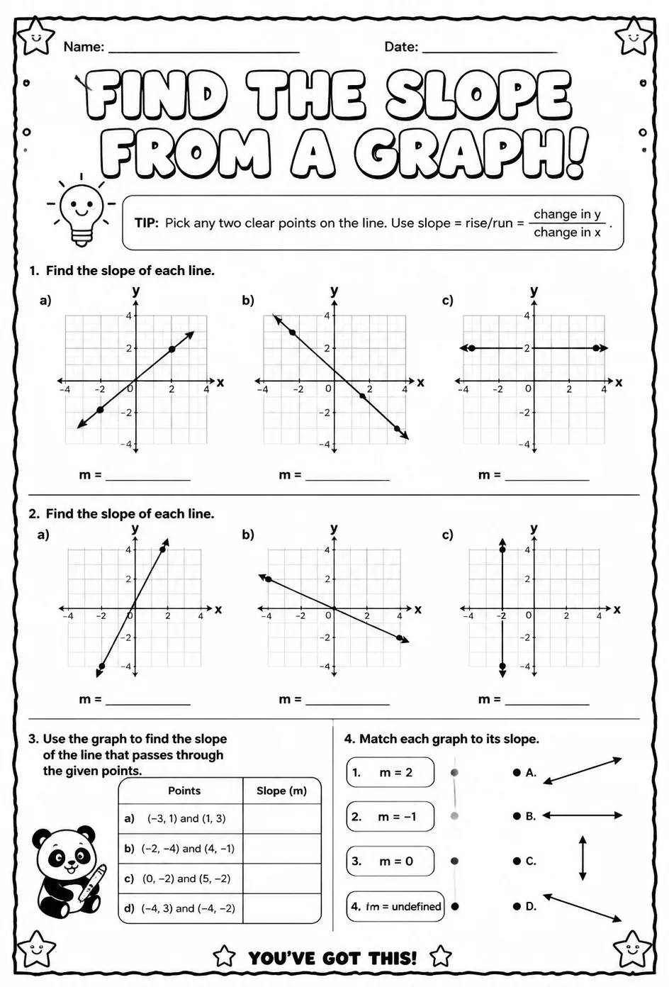 Find the slope from a graph — free printable Grade 7 math worksheet