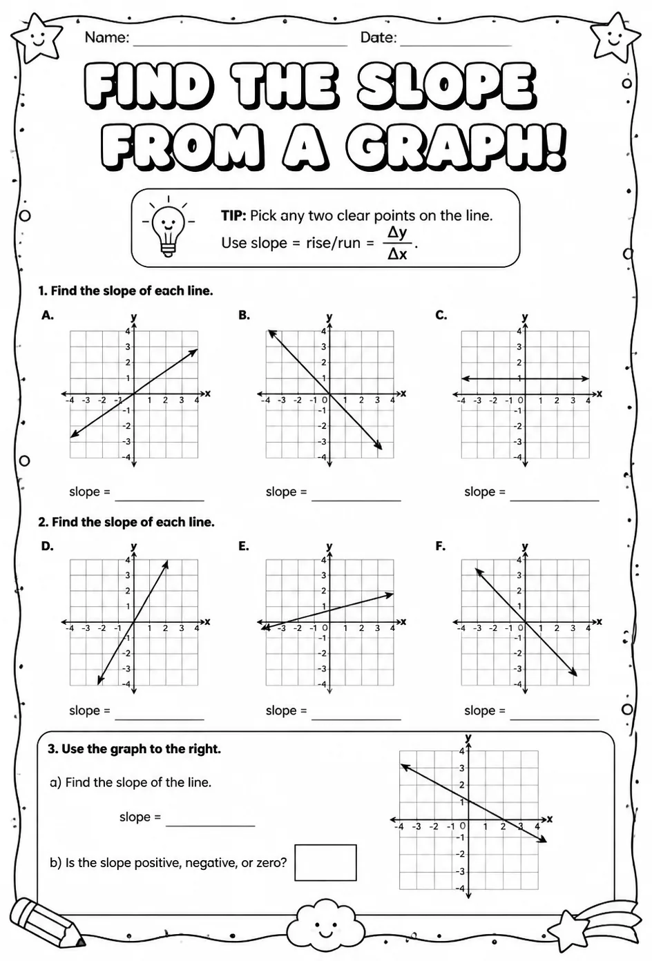 Find the slope from a graph — free printable Grade 8 math worksheet