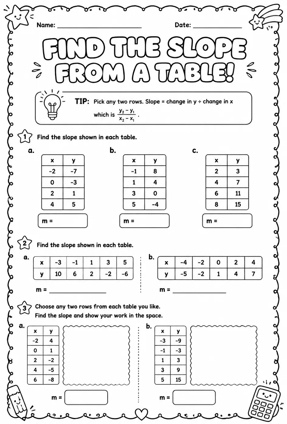 Find the slope from a table — free printable Algebra 1 math worksheet