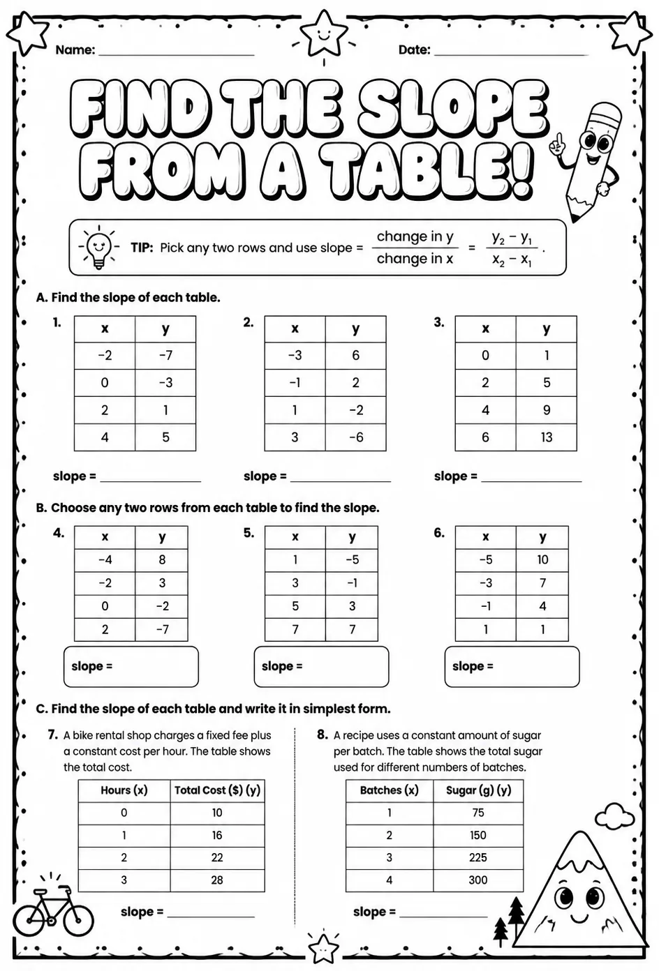 Find the slope from a table — free printable Grade 8 math worksheet