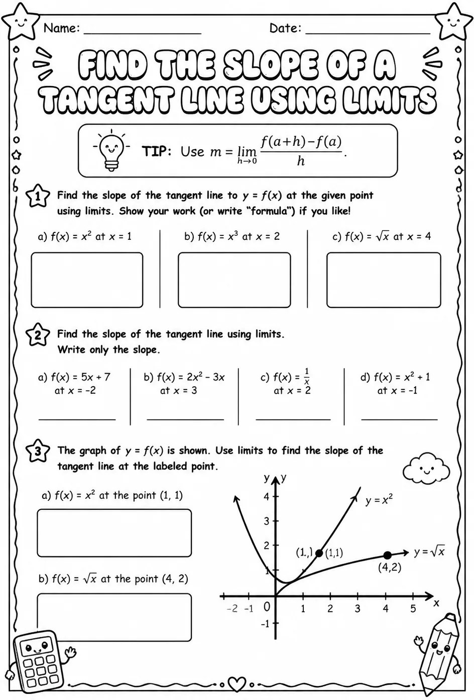 Find the slope of a tangent line using limits — free printable Calculus math worksheet