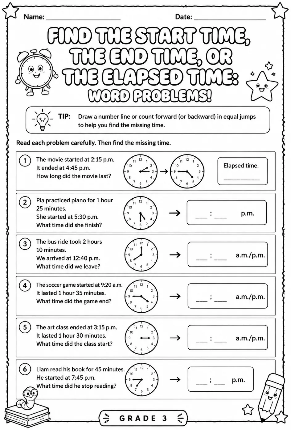 Find the start time, the end time, or the elapsed time: word problems — free printable Grade 3 math worksheet