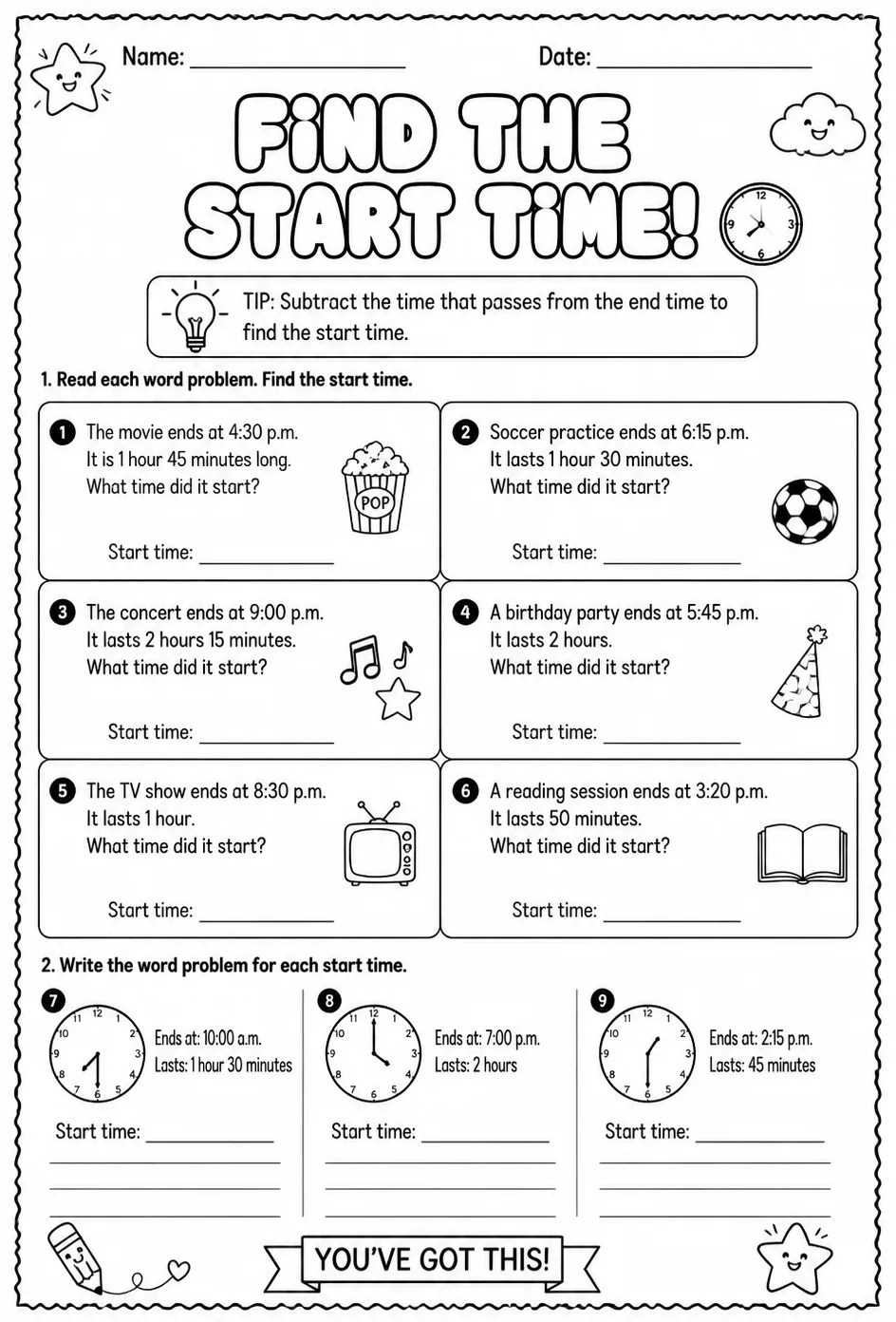 Find the start time: word problems — free printable Grade 3 math worksheet