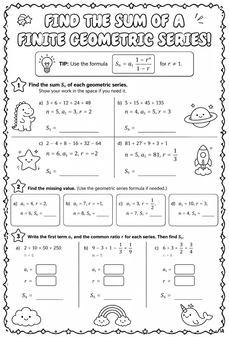 Find the sum of a finite geometric series — free printable Precalculus math worksheet