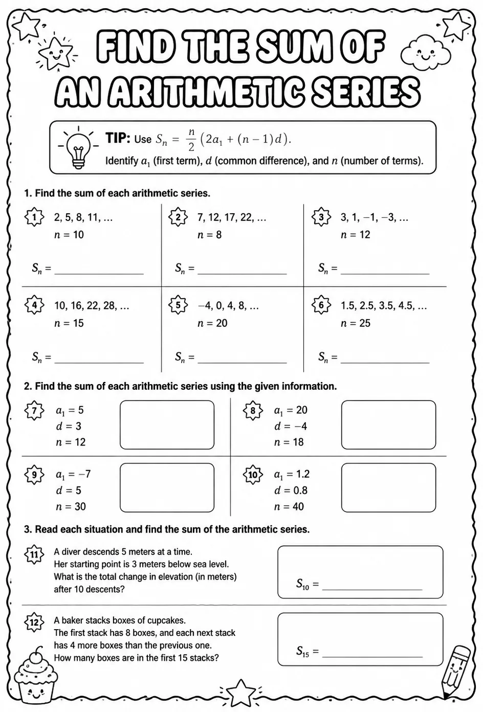 Find the sum of an arithmetic series — free printable Precalculus math worksheet