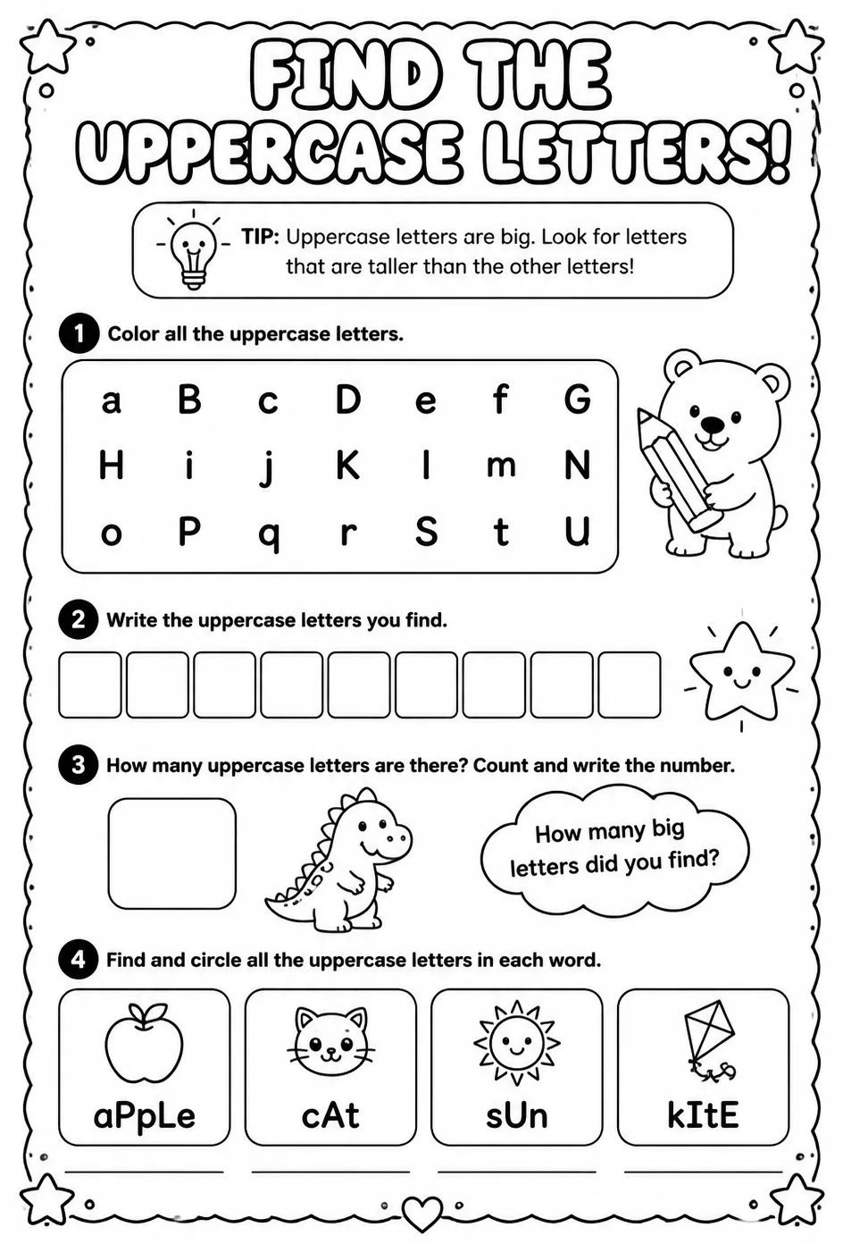 Find the uppercase letters — free printable Reading foundations English worksheet