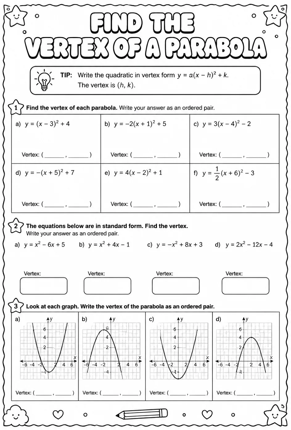 Find the vertex of a parabola — free printable Algebra 2 math worksheet