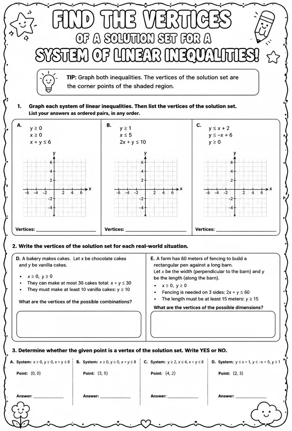 Find the vertices of a solution set for a system of linear inequalities — free printable Algebra 2 math worksheet