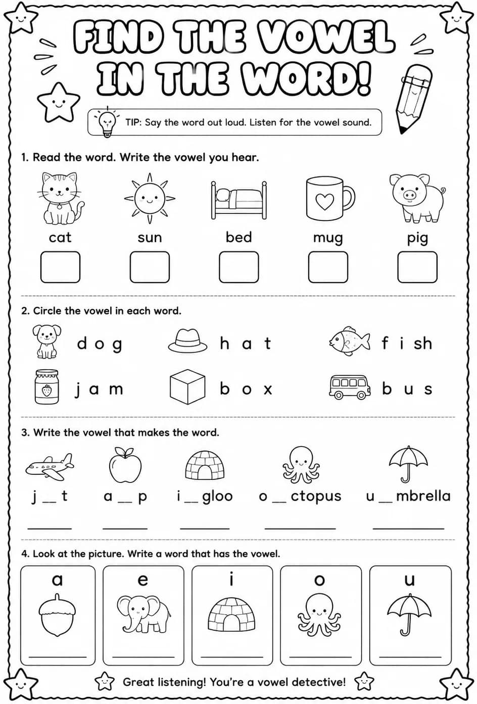 Find the vowel in the word — free printable Reading foundations English worksheet