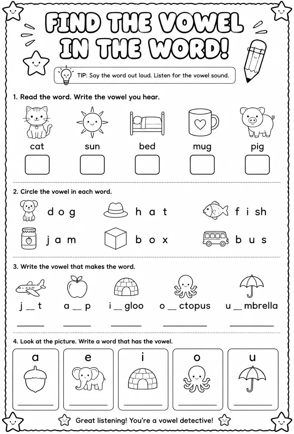 Find the vowel in the word — free printable Reading foundations English worksheet