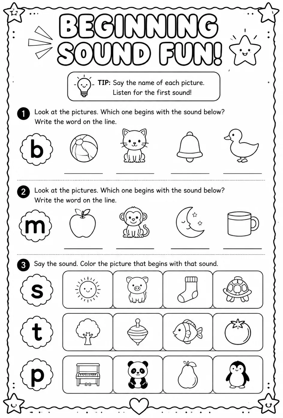 Find the word that begins with a given sound — free printable Pre-K English & Reading worksheet