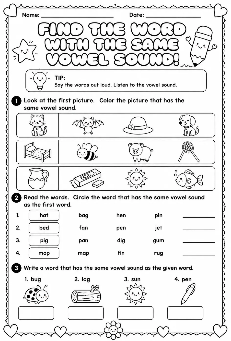 Find the word with the same vowel sound — free printable Reading foundations English worksheet