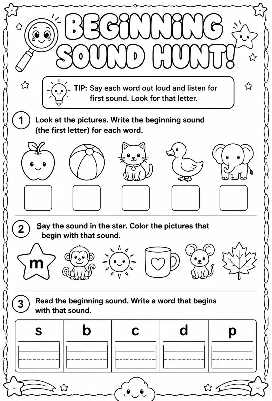 Find the words that begin with a given sound — free printable Reading foundations English worksheet