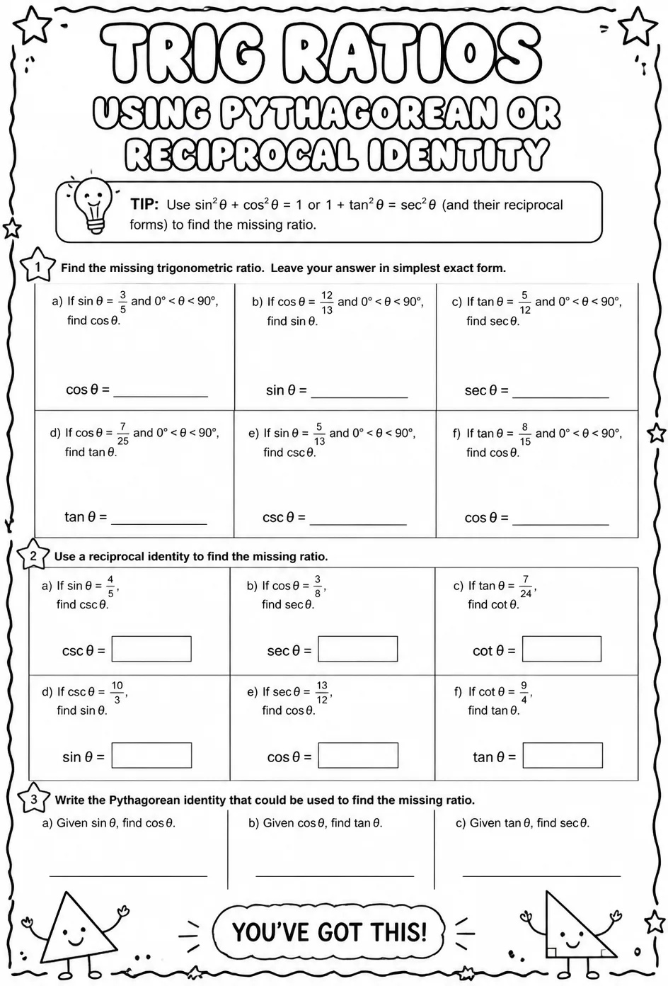 Find trigonometric ratios using a Pythagorean or reciprocal identity — free printable Algebra 2 math worksheet