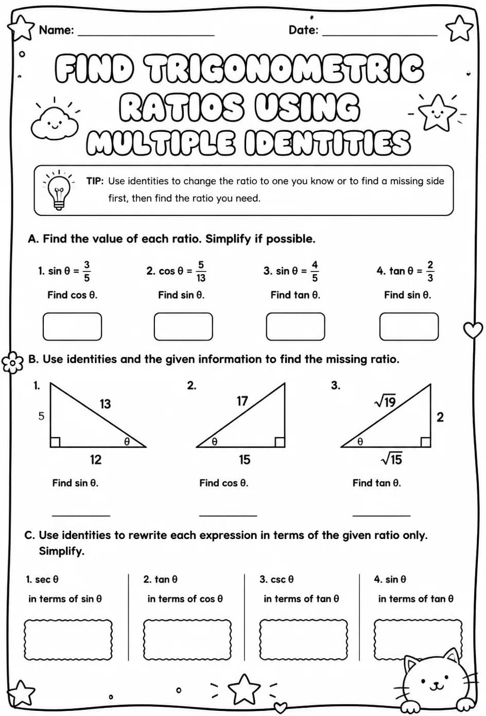 Find trigonometric ratios using multiple identities — free printable Algebra 2 math worksheet