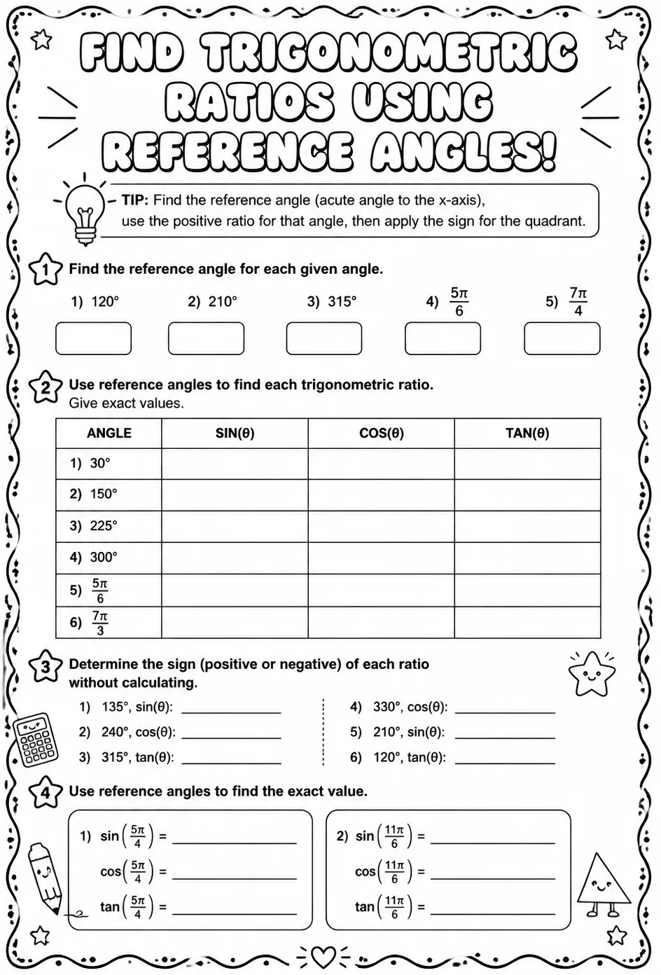 Find trigonometric ratios using reference angles — free printable Algebra 2 math worksheet