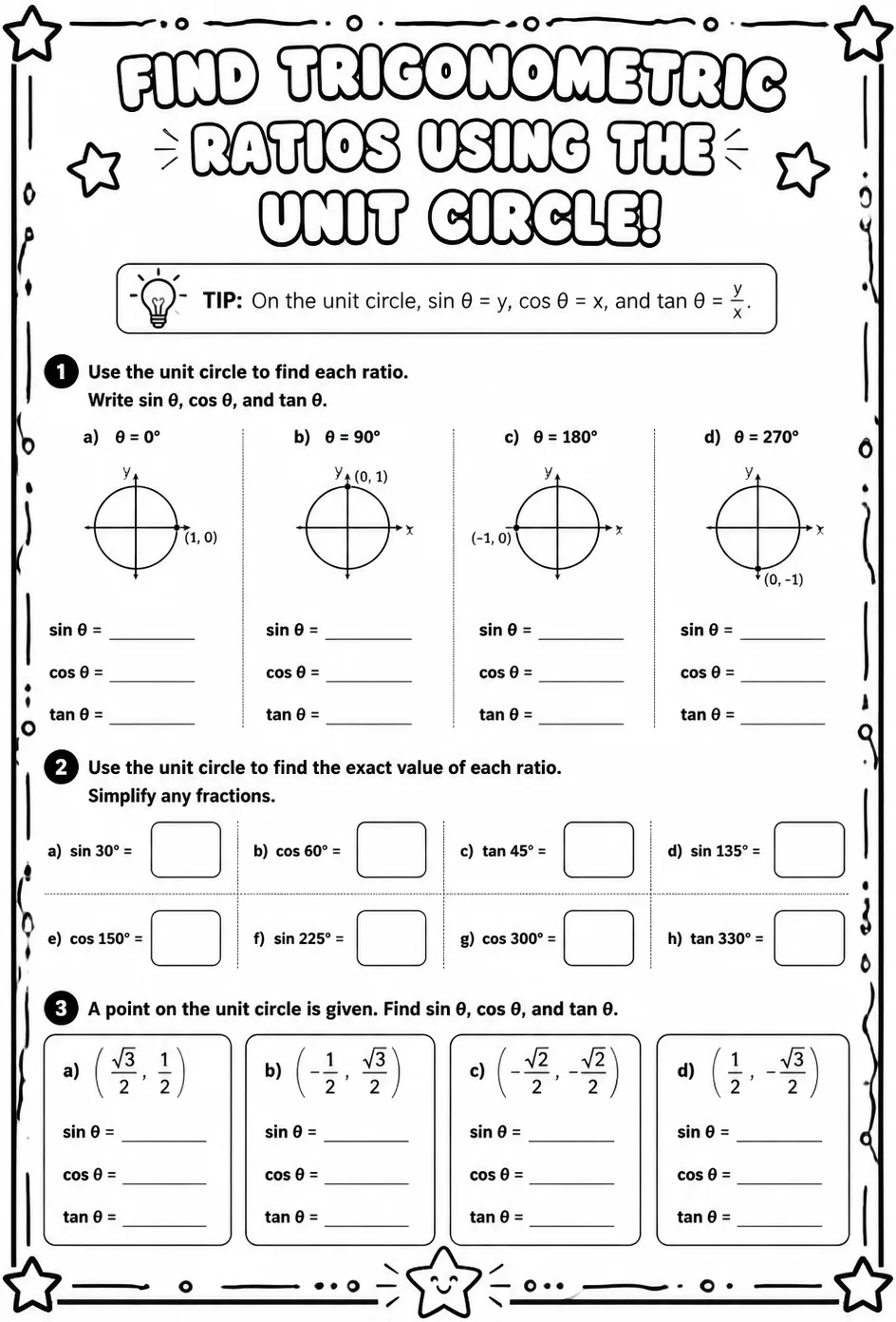 Find trigonometric ratios using the unit circle — free printable Algebra 2 math worksheet