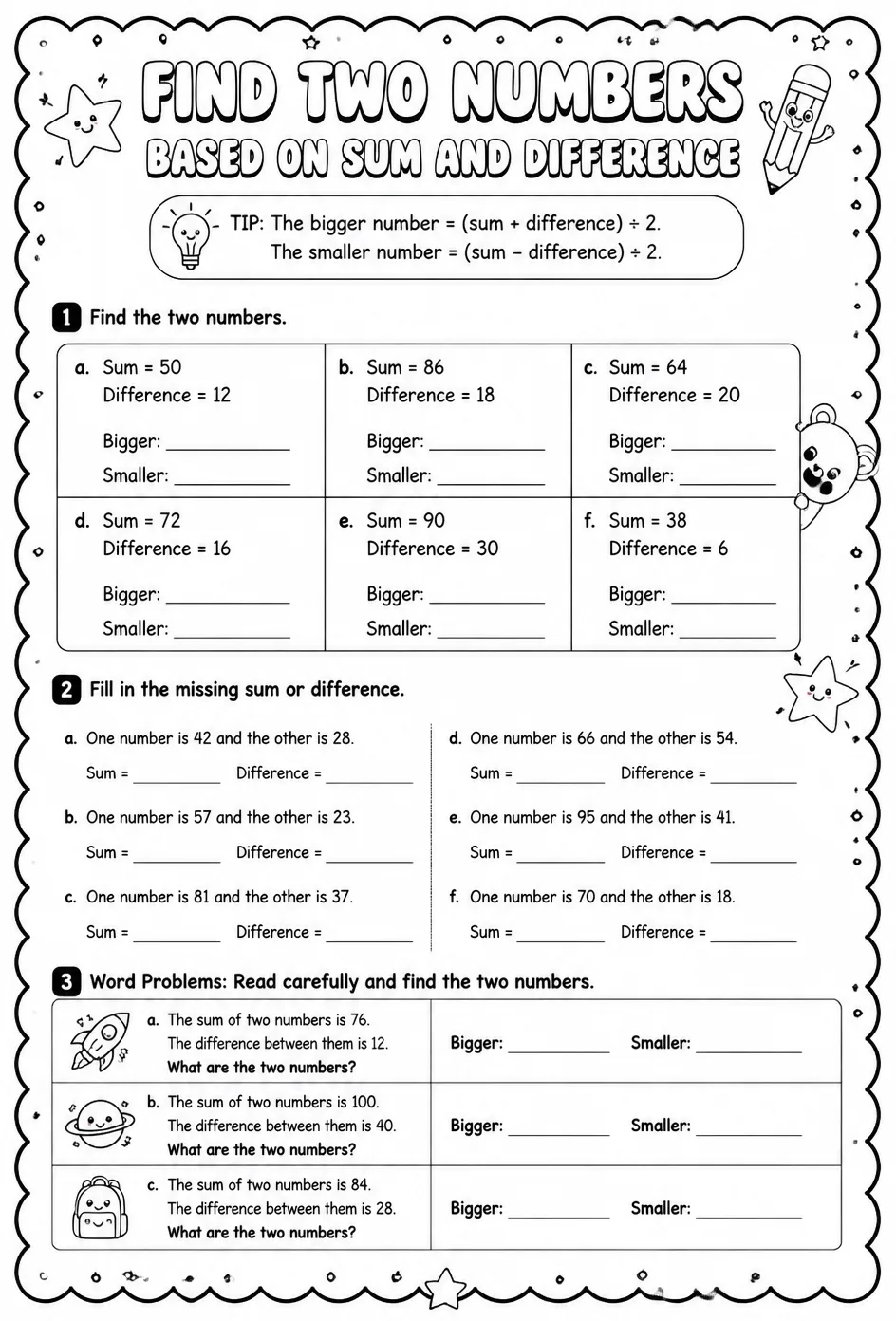 Find two numbers based on sum and difference — free printable Grade 3 math worksheet